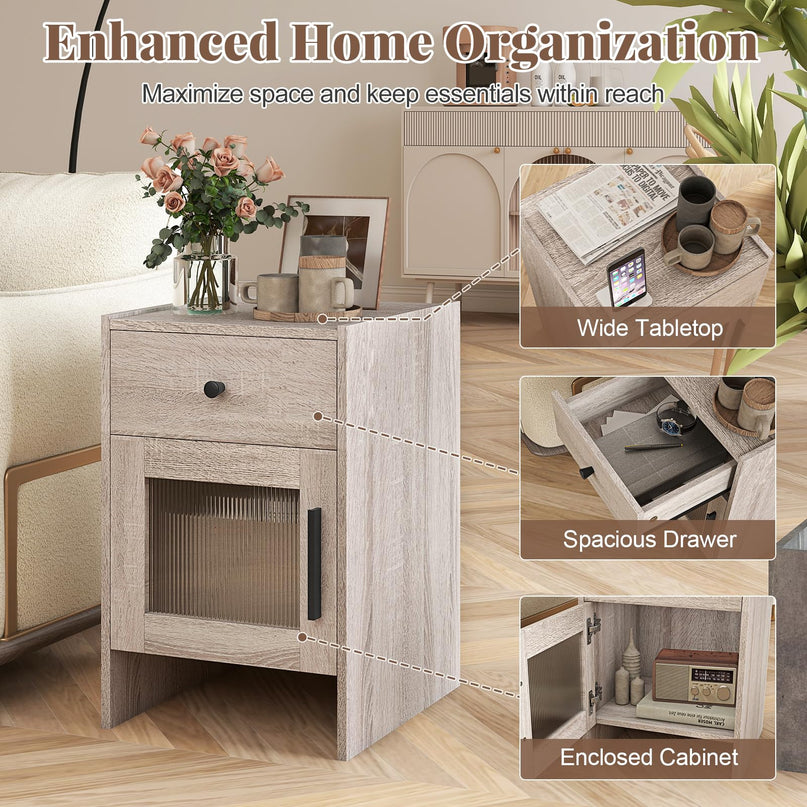 Giantex Farmhouse 16 Inch Rustic End Table with Wavy PC Door and Drawer