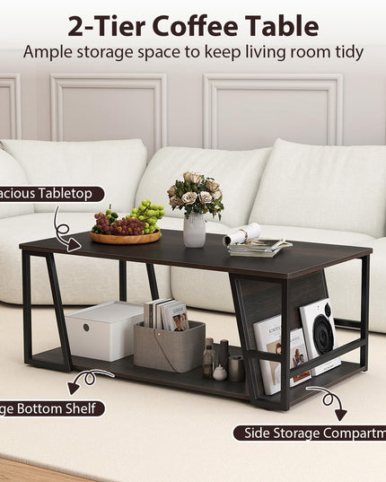 Giantex Modern 2-Tier Rustic Wood Rectangular Geometric Coffee Table with Storage