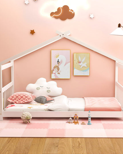 Giantex House Bed Twin, Solid Wood Kids House Bed with Roof