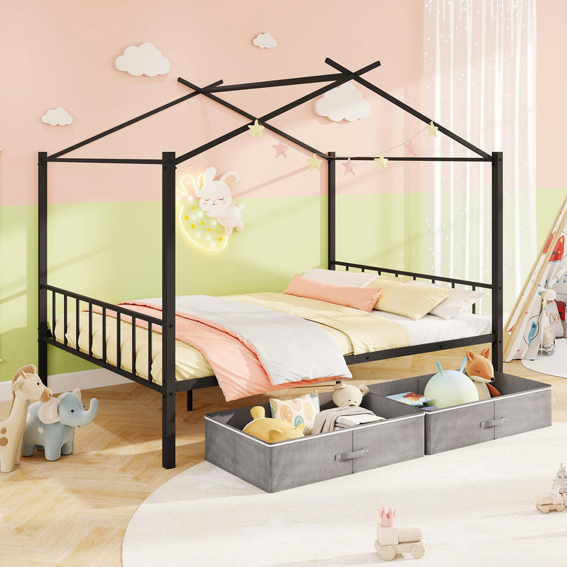 Giantex Metal Montessori Full Size House Bed with 2 Storage Drawers Noise Free