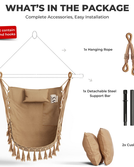 Hanging Chair Hammock Swing Chair - with Sturdy Steel Hanging Bar