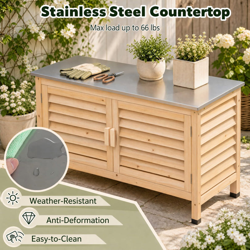 Giantex Fir Wood Outdoor Cabinet with Stainless Steel Countertop