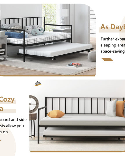 Giantex Metal Daybed with Trundle, Twin Size Daybed with Pullout Trundle & Steel Slat Support, Black