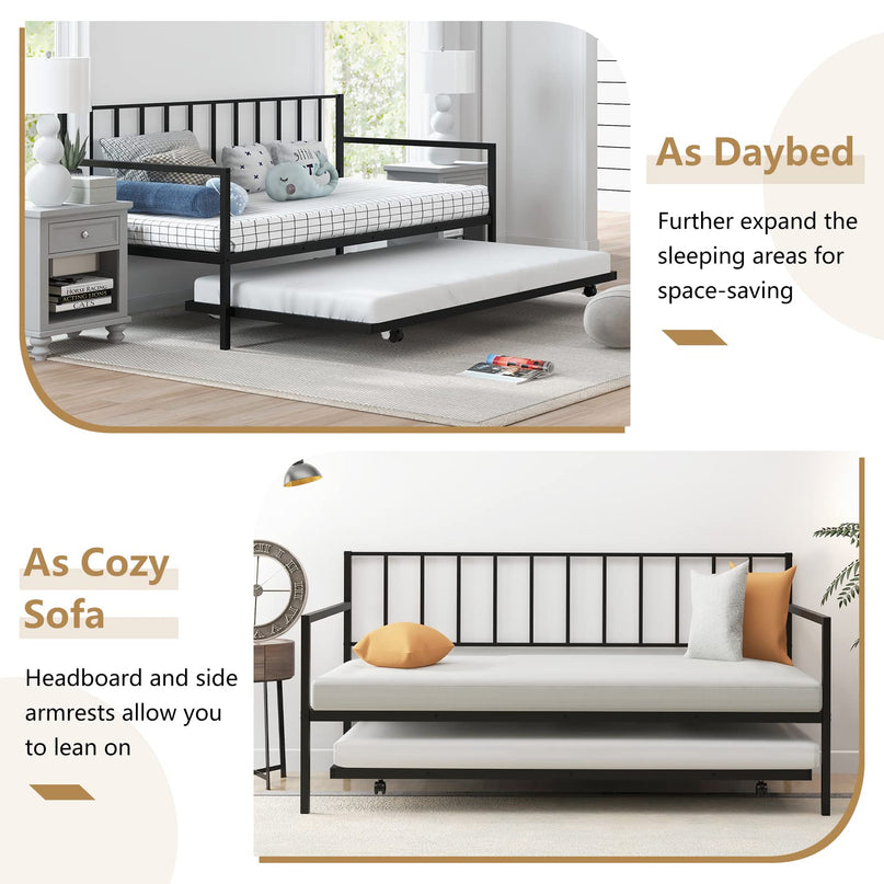 Giantex Metal Daybed with Trundle, Twin Size Daybed with Pullout Trundle & Steel Slat Support, Black