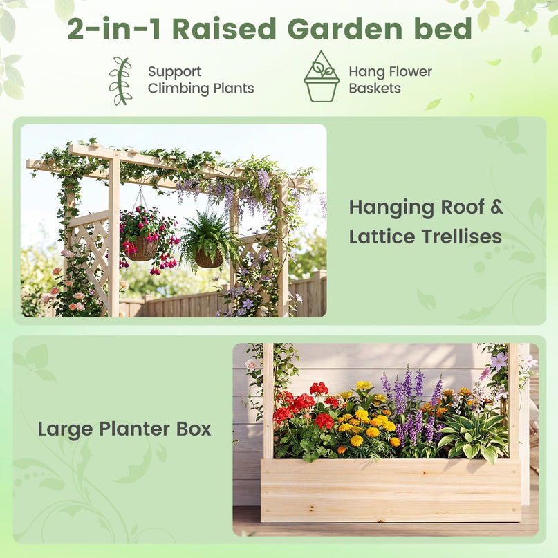 Giantex 45" Wooden Raised Garden Bed with Trellis & Hanging Roof