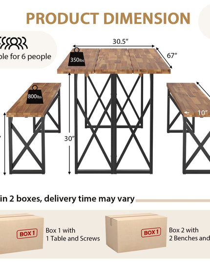 Giantex Outdoor Picnic Table Set with 2 Benches, Acacia Wood Patio Dining Table Set for 6 or 4 Persons, with 2” Umbrella Hole
