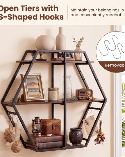 GIANTEX Industrial Hexagon Wall Shelf with 3-Tier Storage Shelves & 4 Hooks