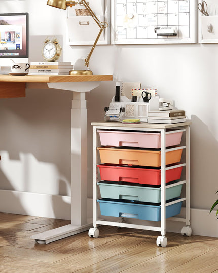 Giantex 5 Drawers Rolling Cart with Wheels Wood Top Sturdy Frame