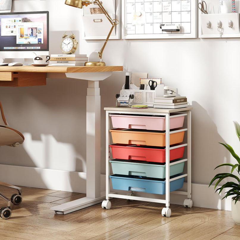 Giantex 5 Drawers Rolling Cart with Wheels Wood Top Sturdy Frame