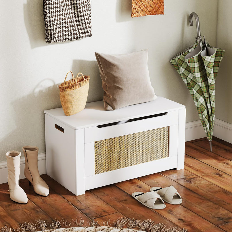 Giantex 31.5" Large Storage Chest Rattan Storage Bench with Flip Top Lid & Safety Hing