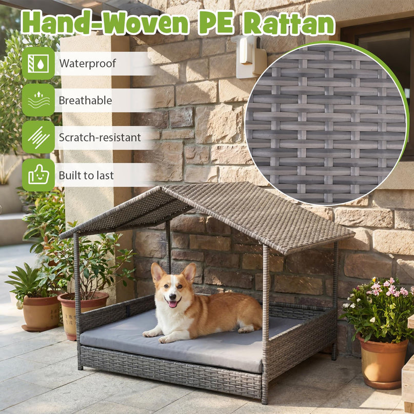 Giantex Outdoor Wicker Dog House with Washable Cushion