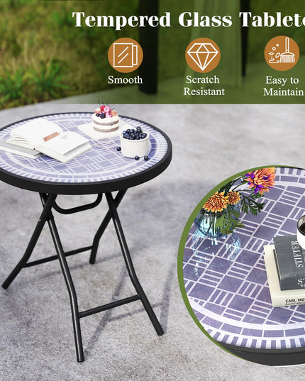 Giantex Folding Outdoor Side Table - 18” Round End Table with Tempered Glass Tabletop & Metal Frame