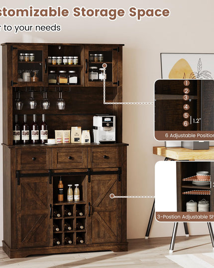 Giantex 72" Farmhouse Coffee Bar Cabinet w/Glass Doors & Wine Racks