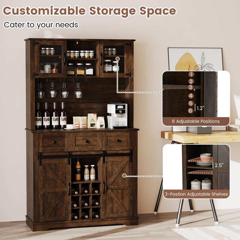 Giantex 72" Farmhouse Coffee Bar Cabinet w/Glass Doors & Wine Racks