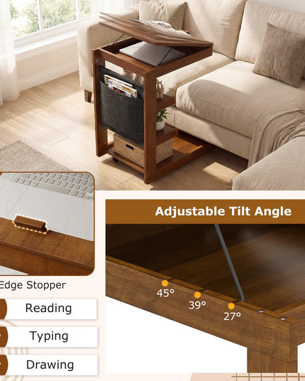 Giantex C-Shaped End Table with Wheels Adjustable Desktop Edge Stopper & 3 Storage Shelves