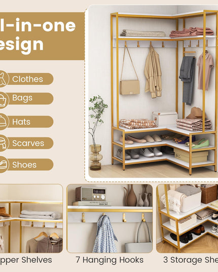 Giantex Corner Coat Rack with Shoe Bench, L-shaped Garment Rack with 5 Shelves & 7 Hooks