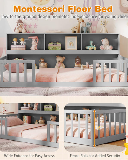 Giantex Twin Floor Bed with Bookcase for Kids