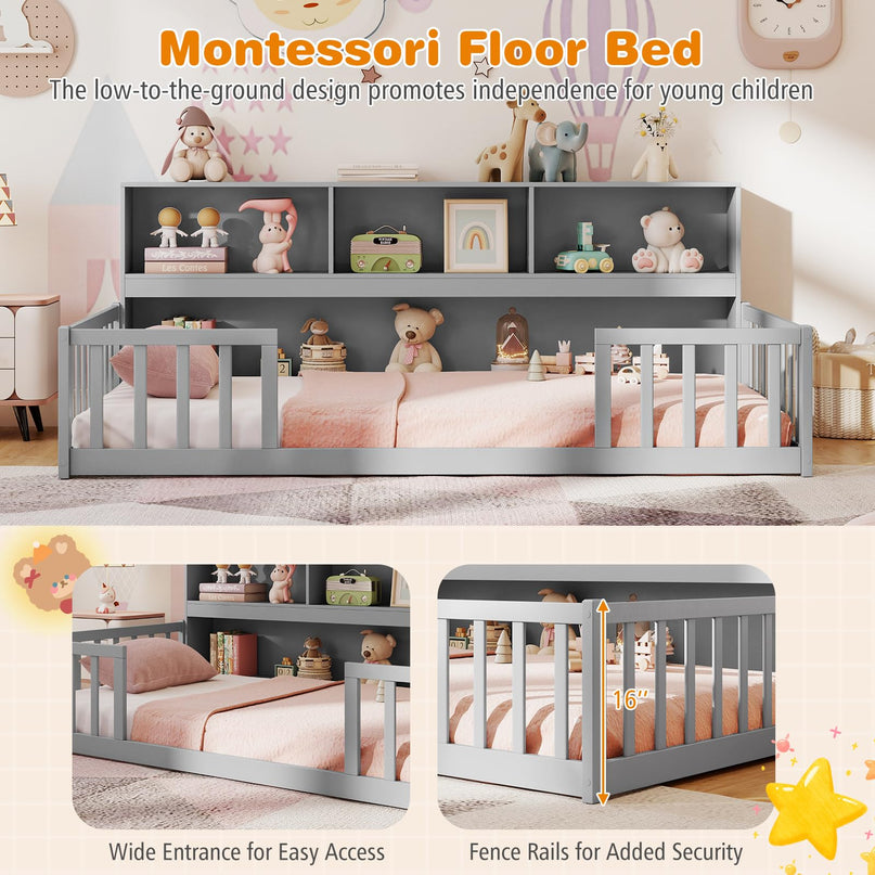 Giantex Twin Floor Bed with Bookcase for Kids