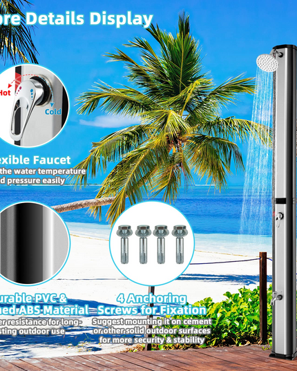 Giantex 7.2 FT 10 Gallon 2-Section Solar-Heated Outdoor Shower, Pool Shower W/Free-Rotating Shower Head