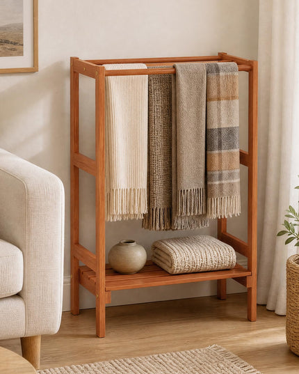 3-Bar Wood Towel Rack Freestanding with Bottom Storage Shelf