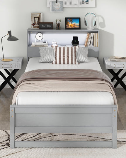 Giantex Twin Bed Frames with Storage Headboard, Wood Platform Bed with Charging Station & LED Light