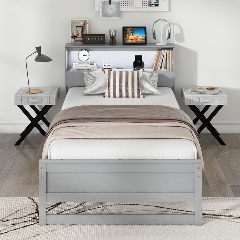 Giantex Twin Bed Frames with Storage Headboard, Wood Platform Bed with Charging Station & LED Light