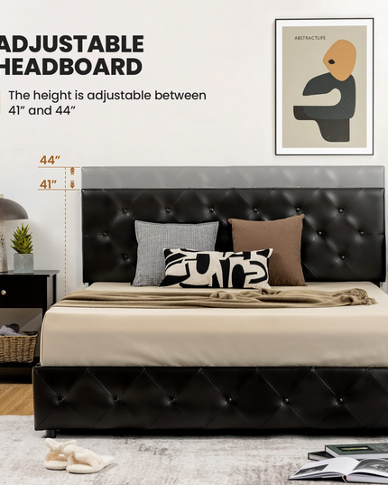 Upholstered PU Leather Platform Bed Frame w/ 4 Storage Drawers, Adjustable Headboard & Solid Wooden Slats