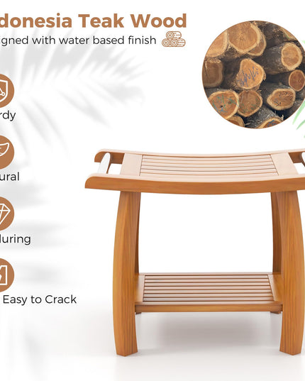 Gaintex Teak Shower Bench with Handles and Storage Shelf, Teak Shower Stool for Shaving Legs, Non-Slip Foot Pads