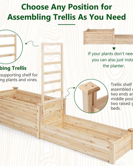 Giantex Raised Garden Bed with Trellis, Set of 2 Wood Shallow & Deep Planter Box for Climbing Plants