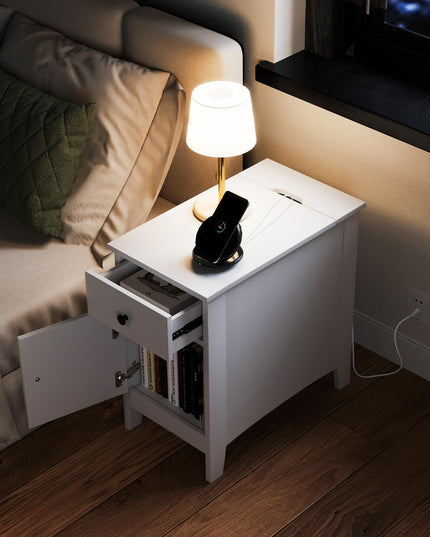 Giantex Nightstand with Charging Station, Flip Top End Table w/USB Ports & Outlets, Modern Side Table w/Storage Drawer