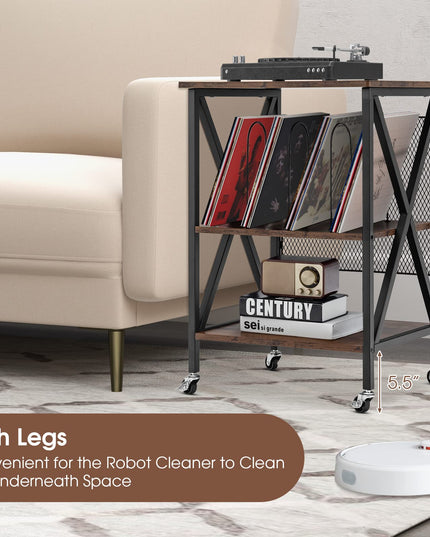 Giantex Record Player Stand, Vinyl Record Storage Table w/ 3 M-shaped Dividers & 4 Rolling Wheels, Rustic Brown