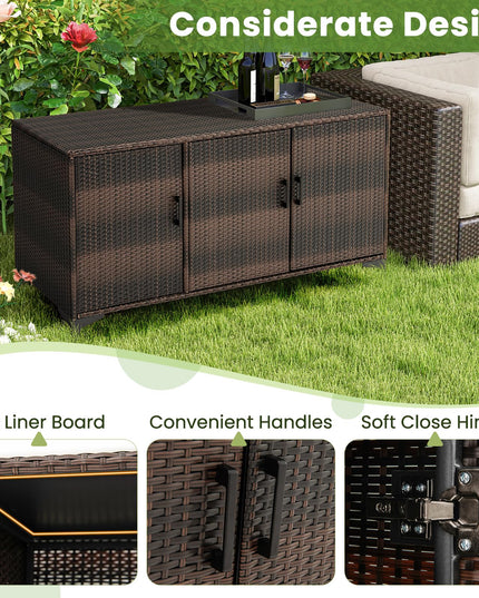 Giantex 84-Gallon Wicker Deck Box - Patio Storage Cabinet, 3-Door PE Rattan Storage Container with Removable Shelves