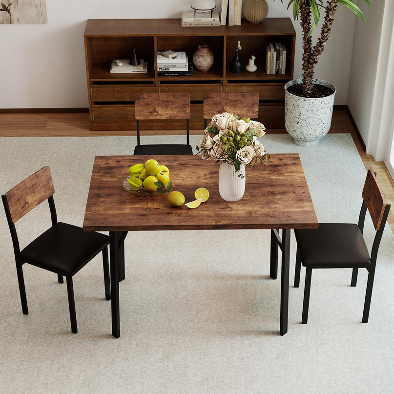 Giantex Industrial Kitchen Table and 4 PU Leather Upholstered Chairs with Metal Leg