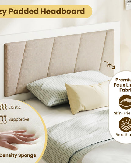 Giantex Wood Twin Bed with 2 Storage Drawers, Solid Wood Platform Bed with Upholstered Headboard