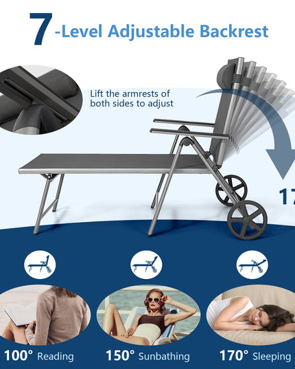 Giantex Chaise Lounge Outdoor Chair- Patio Folding Lounge Chair with Wheels, 7 Adjustable Level
