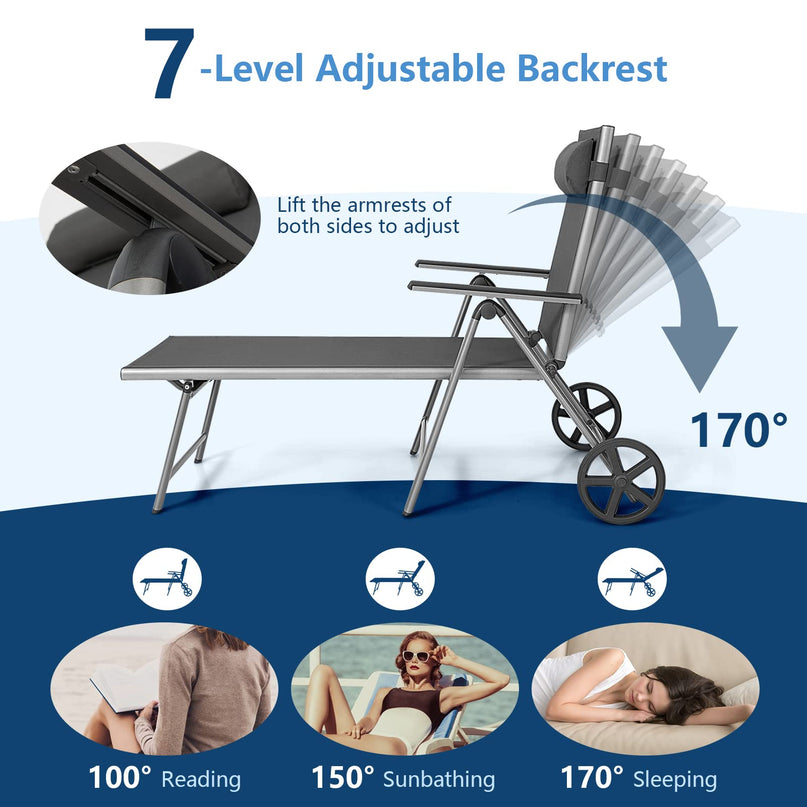 Giantex Chaise Lounge Outdoor Chair- Patio Folding Lounge Chair with Wheels, 7 Adjustable Level
