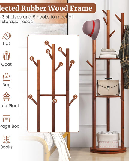 Giantex Coat Rack Freestanding, Wooden Rotary Coat Tree w/ 3 Display Storage Shelves & 9 Hooks