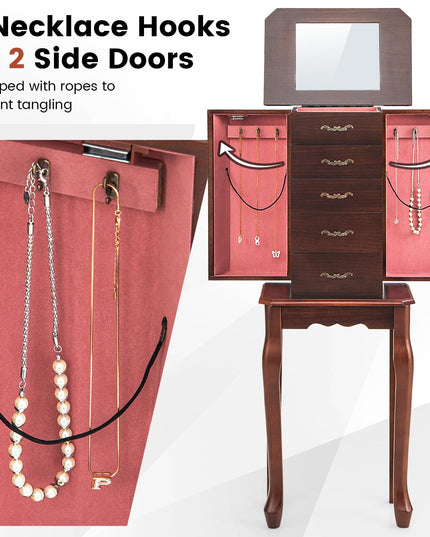 CHARMAID Standing Jewelry Organizer Cabinet with 4 Drawers, Top Storage Tray with Ring Slots, 2 Side Doors