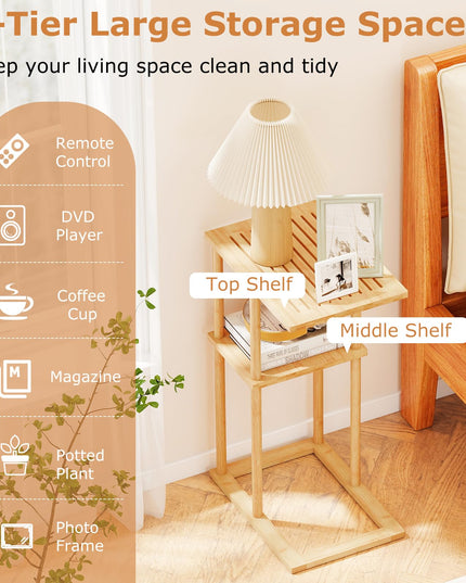 Giantex Bamboo Side Table Set of 2 with Storage Shelves