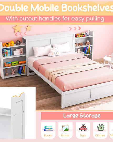 Giantex Full Bed Frame with Twin Trundle, Wooden Bed Wooden Bed Frame with 2 Rolling Bookcases & High Headboard