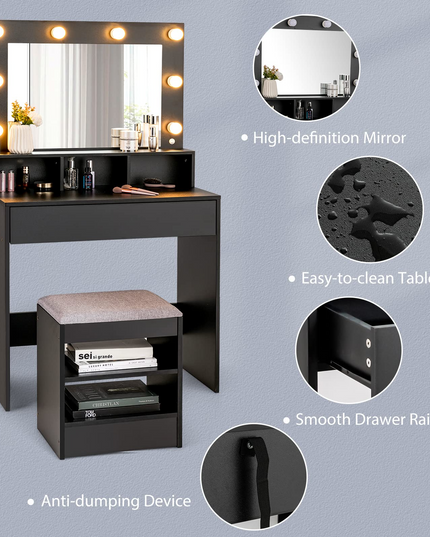 CHARMAID Vanity Table Set with Lighted Mirror, 8 Bulbs, Large Drawer