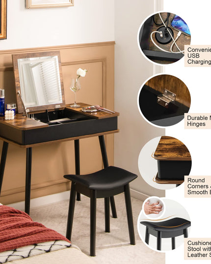 CHARMAID Vanity Desk with 3-Color Lighted Flip Top Mirror