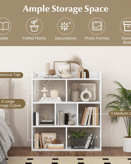 Giantex 7 Cube Bookshelf, Free-standing Wooden Bookcase, 4 Tier Home Display Shelf, Horizontal Storage Unit w/Anti-Toppling Devices