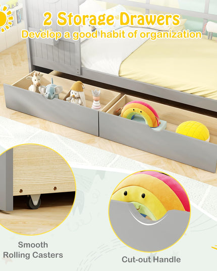 Giantex Twin House Bed with 2 Storage Drawers, Kids Bed Frame with Storage Cubes, Montessori Bed with Fence Guardrails & Roof