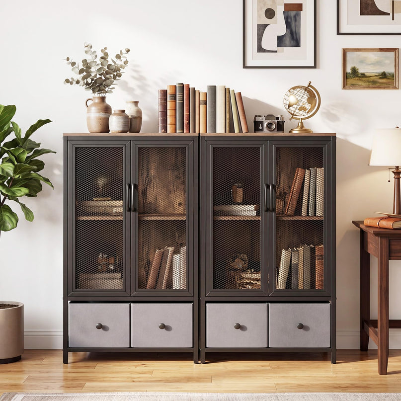 Giantex Industrial Coffee Bar Cabinet with Adjustable Shelves & 2 Removable Cloth Drawers