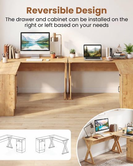 GIANTEX L-Shaped Computer Desk with Reversible Drawer & Cabinet