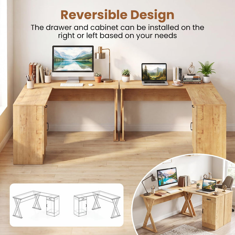 GIANTEX L-Shaped Computer Desk with Reversible Drawer & Cabinet