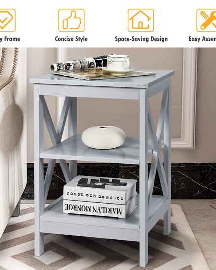 Nightstand 3-Tier X-Design W/Storage Shelves and Stable Structure Storage Organizer Display Sofa Side Table