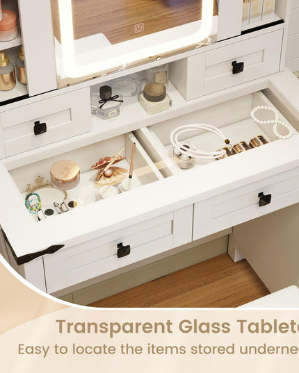 CHARMAID Farmhouse Vanity Desk with Drawers & Shelves, Rustic Vanity Dressing Table with Stool (31" Wide,White)