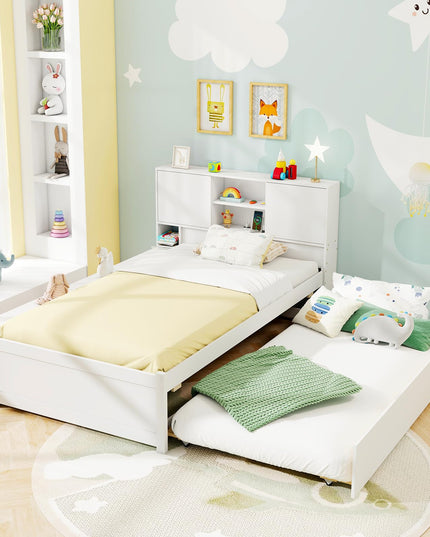 Giantex White Twin Size Bed Frame with Trundle and Bookcase Headboard